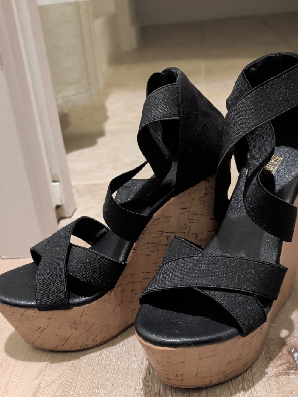 Black Cork Wedge Sandals with Crisscross Straps